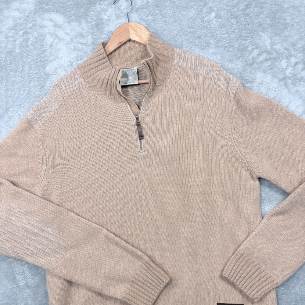 Timberland Quarter Zip Sweater Mens XL Tan Ribbed Knit Elbow Patch Mock Neck